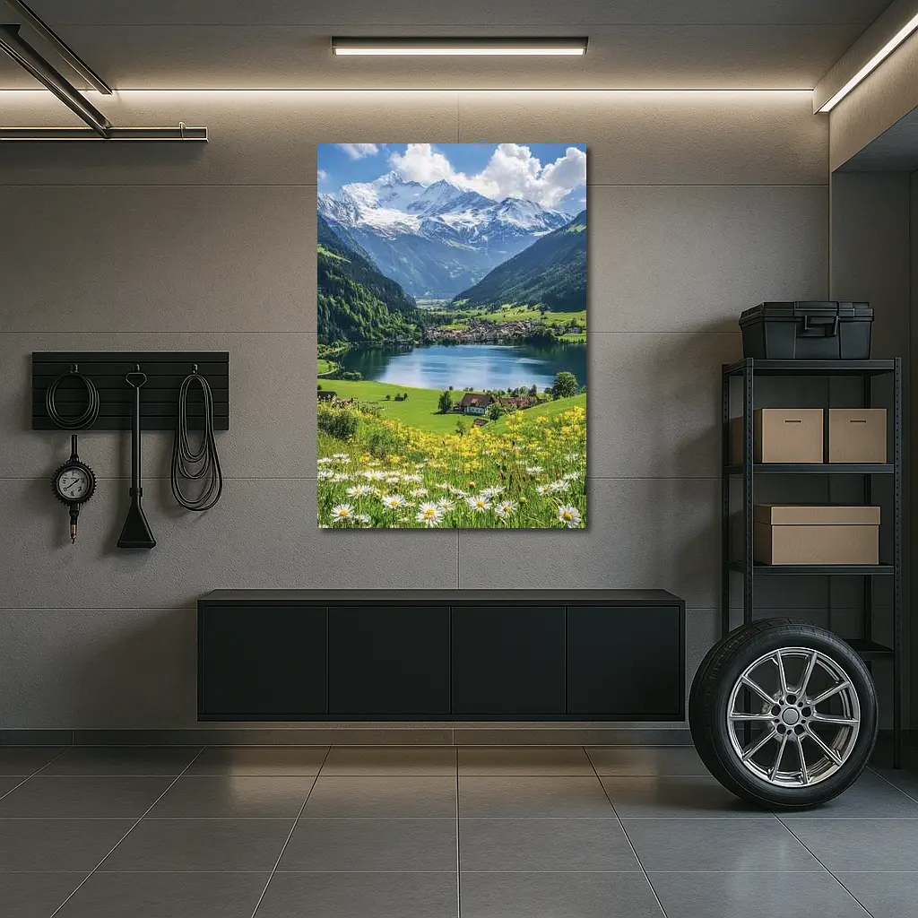 Alpine Lake Village Snow Capped Mountains Daisies – Wall Art