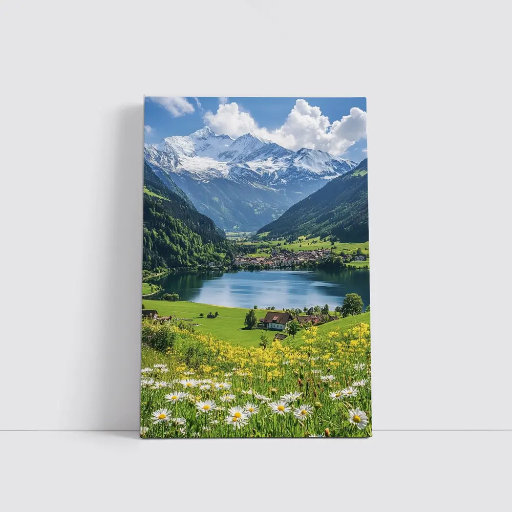 Alpine Lake Village Snow Capped Mountains Daisies – Wall Art