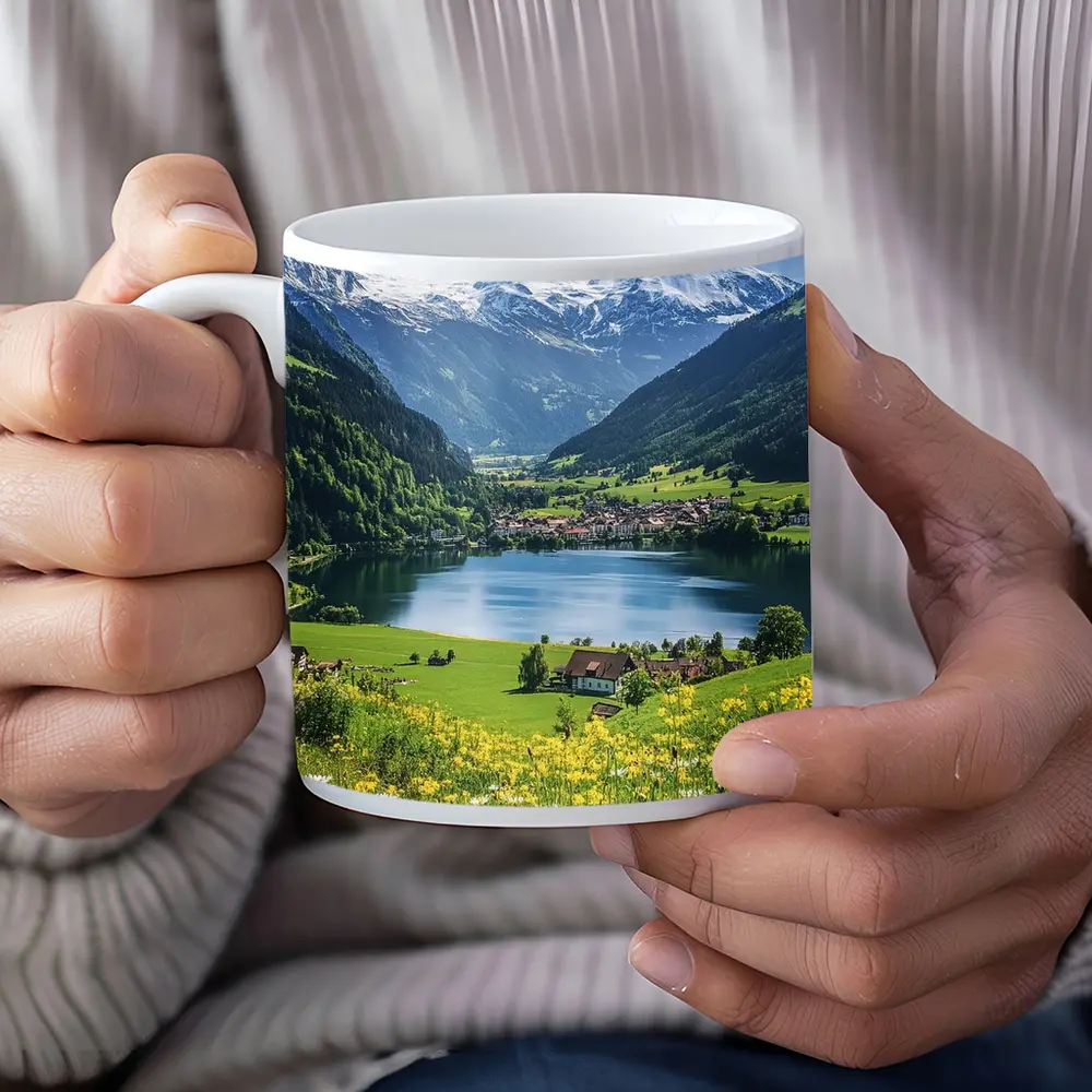 Alpine Lake Village Snow Capped Mountains Daisies – Mugs