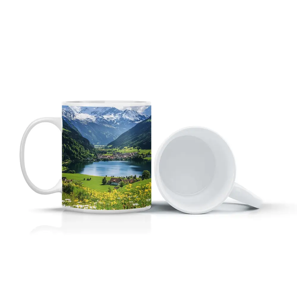Alpine Lake Village Snow Capped Mountains Daisies – Mugs