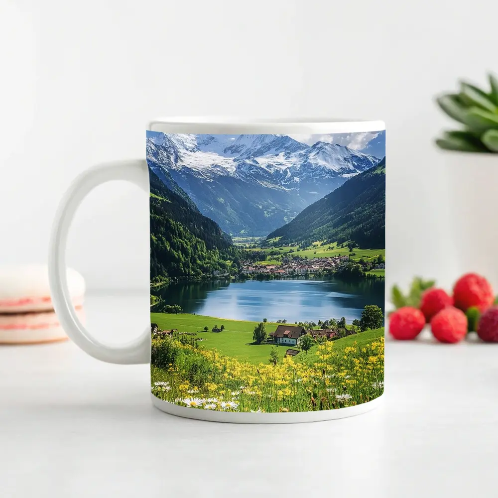 Alpine Lake Village Snow Capped Mountains Daisies – Mugs