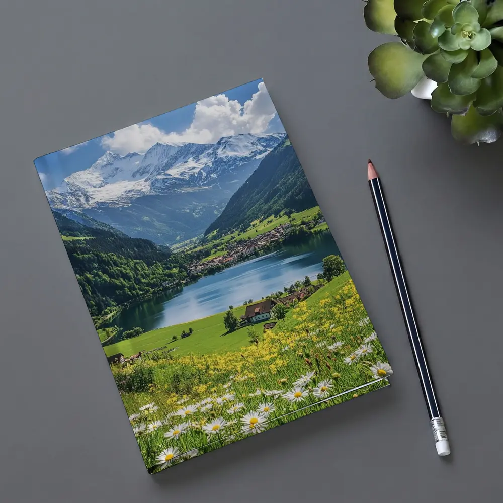 Alpine Lake Village Snow Capped Mountains Daisies – Notebooks