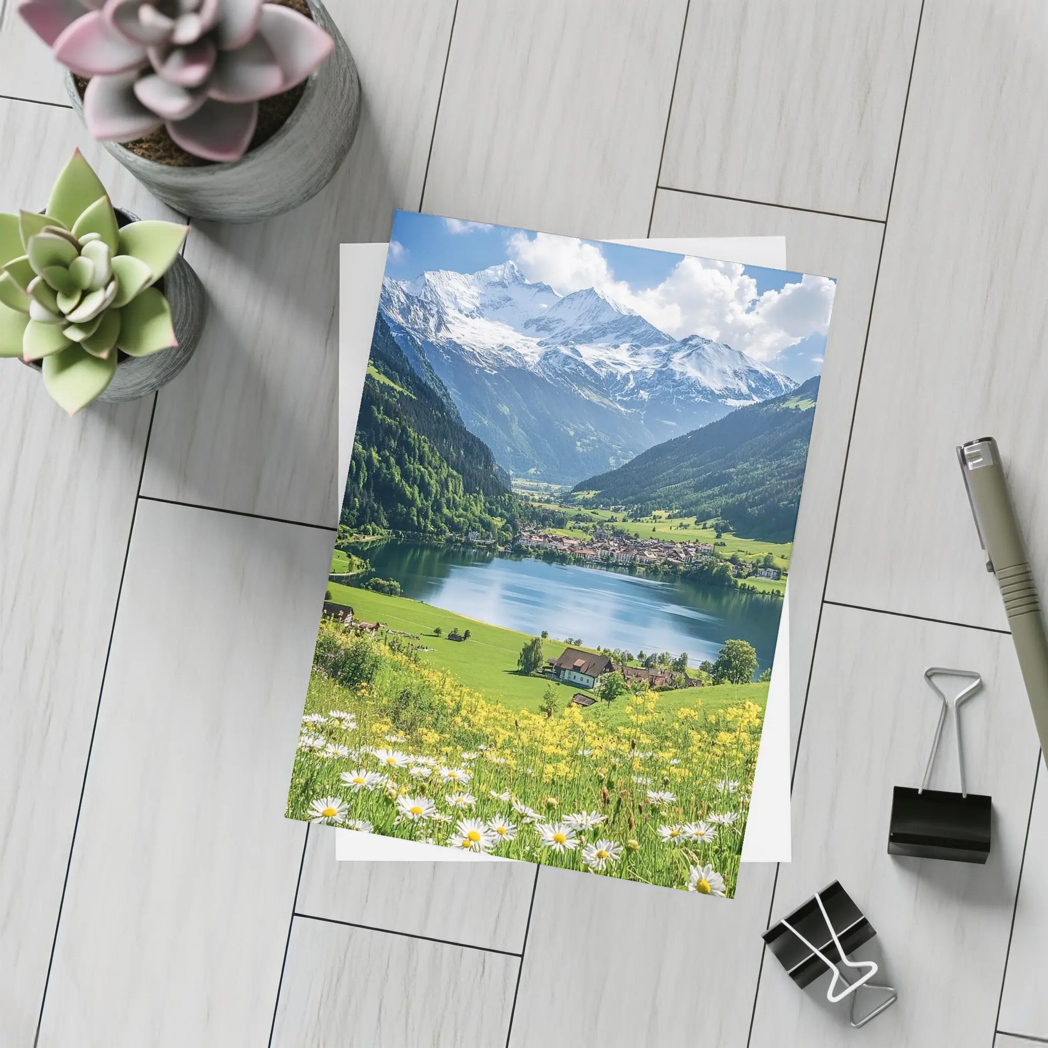 Alpine Lake Village Snow Capped Mountains Daisies – Postcards