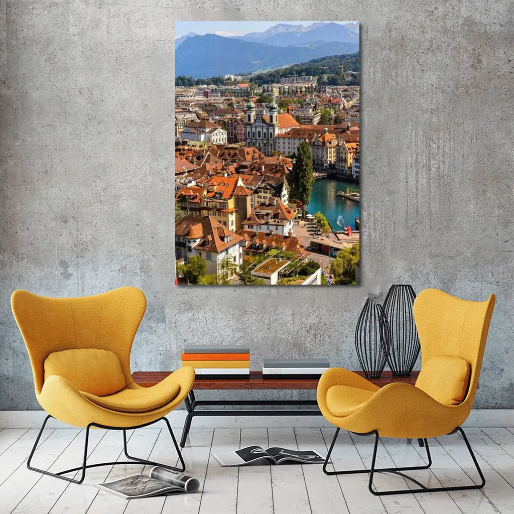 Lucerne Old Town Aerial View Alps Switzerland – Wall Art