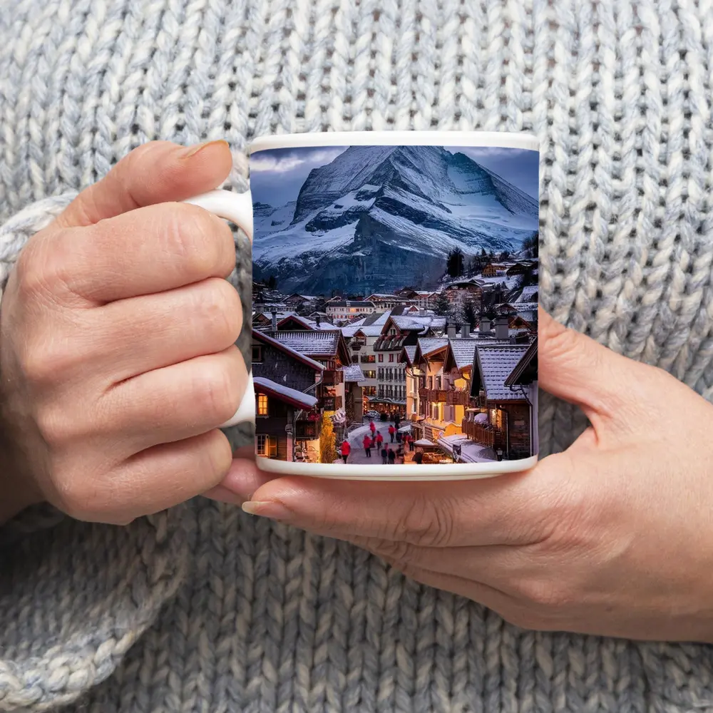 Matterhorn Peak Over Zermatt Winter Village – Mugs