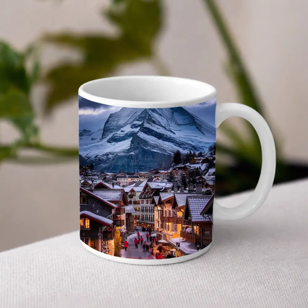 Matterhorn Peak Over Zermatt Winter Village – Mugs
