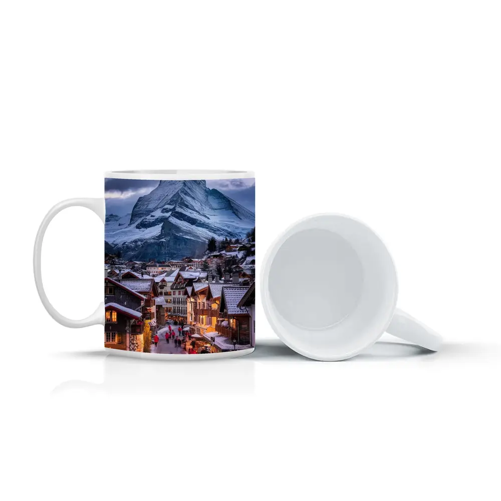 Matterhorn Peak Over Zermatt Winter Village – Mugs