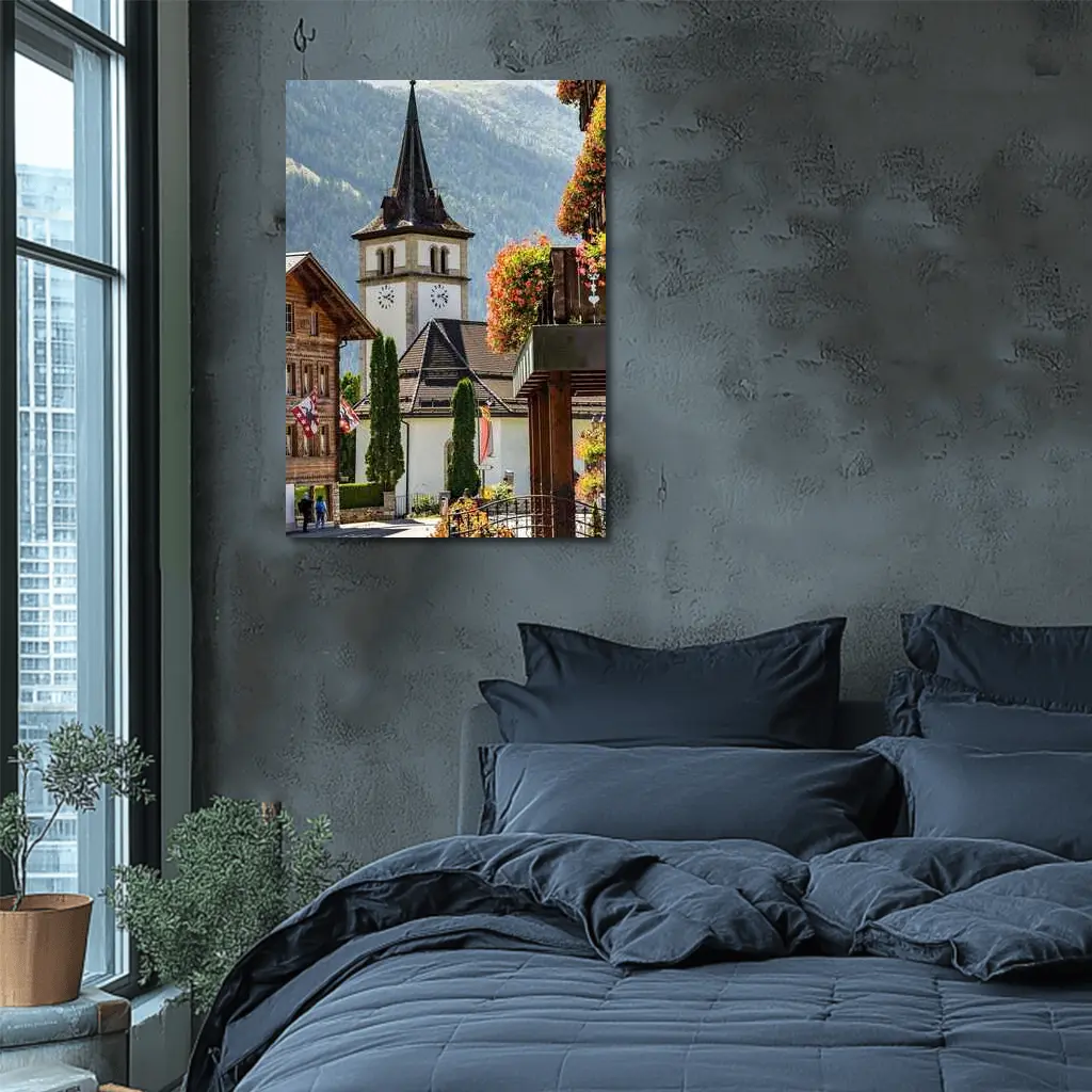 Alpine Village Church Tower Switzerland Mountains – Wall Art