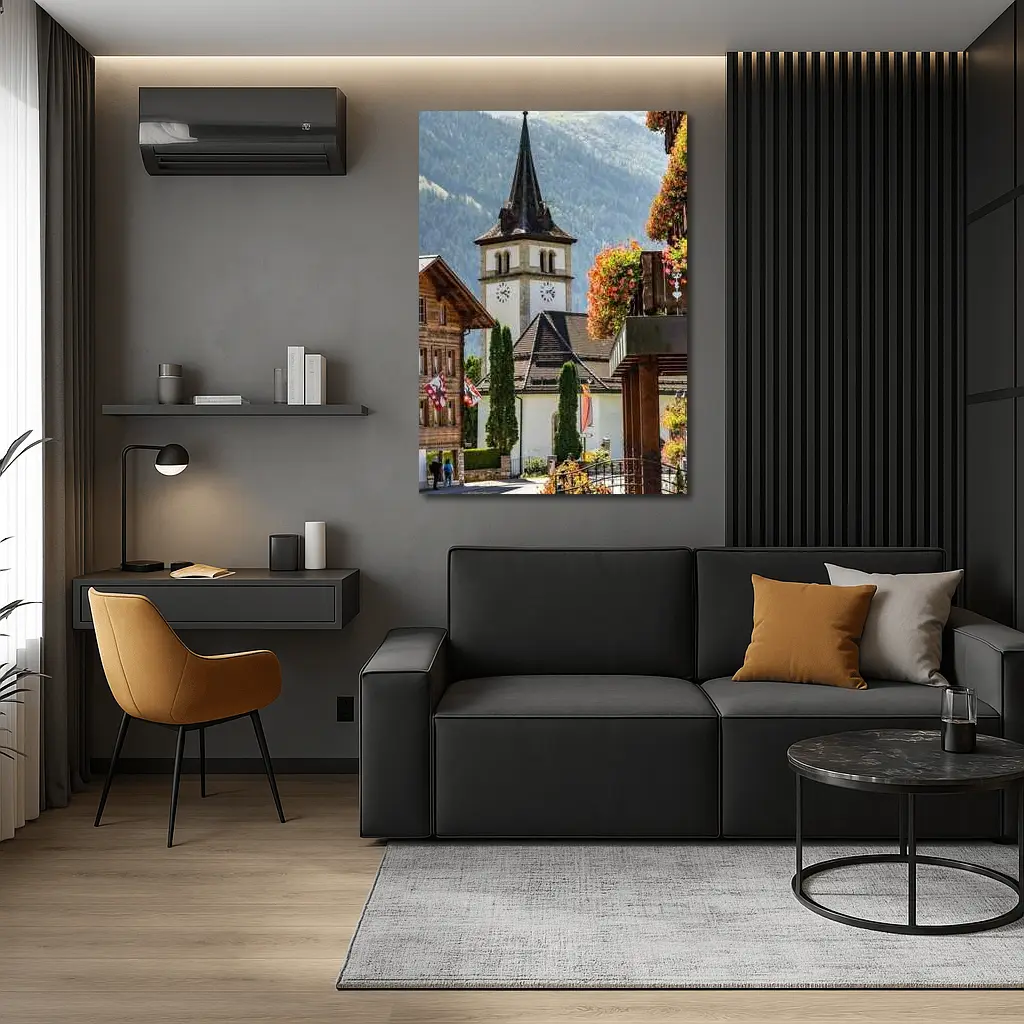 Alpine Village Church Tower Switzerland Mountains – Wall Art