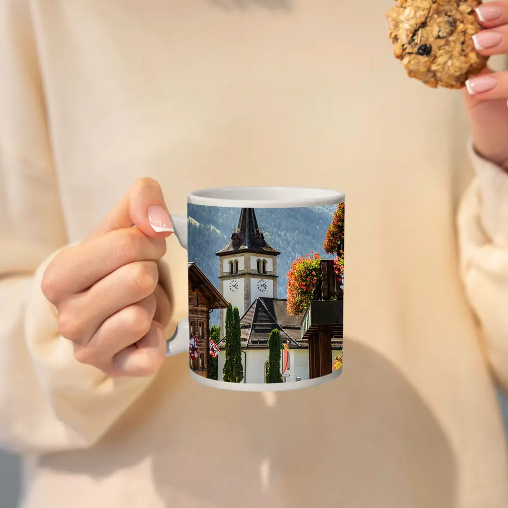 Alpine Village Church Tower Switzerland Mountains – Mugs