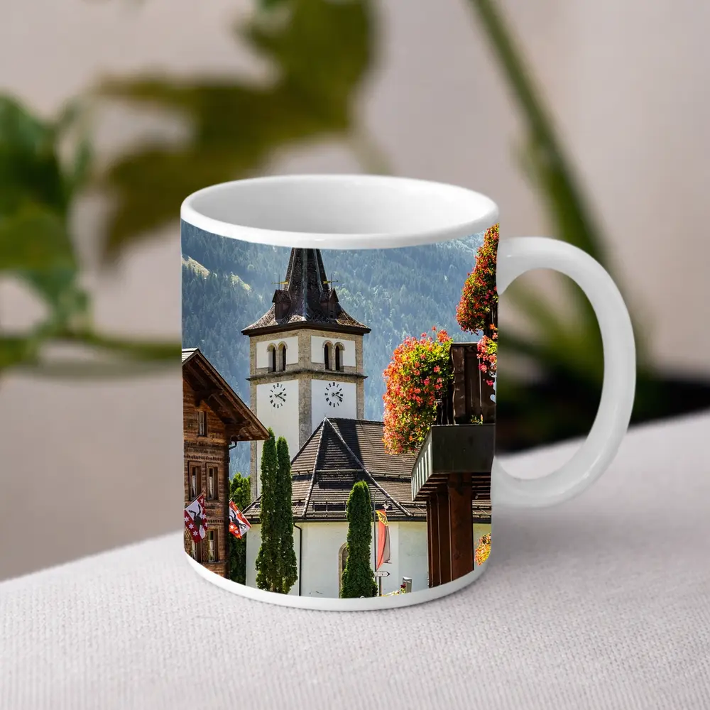 Alpine Village Church Tower Switzerland Mountains – Mugs