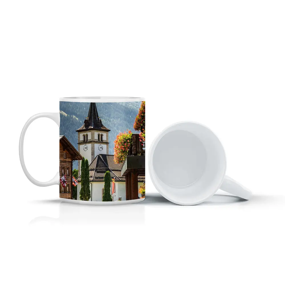 Alpine Village Church Tower Switzerland Mountains – Mugs