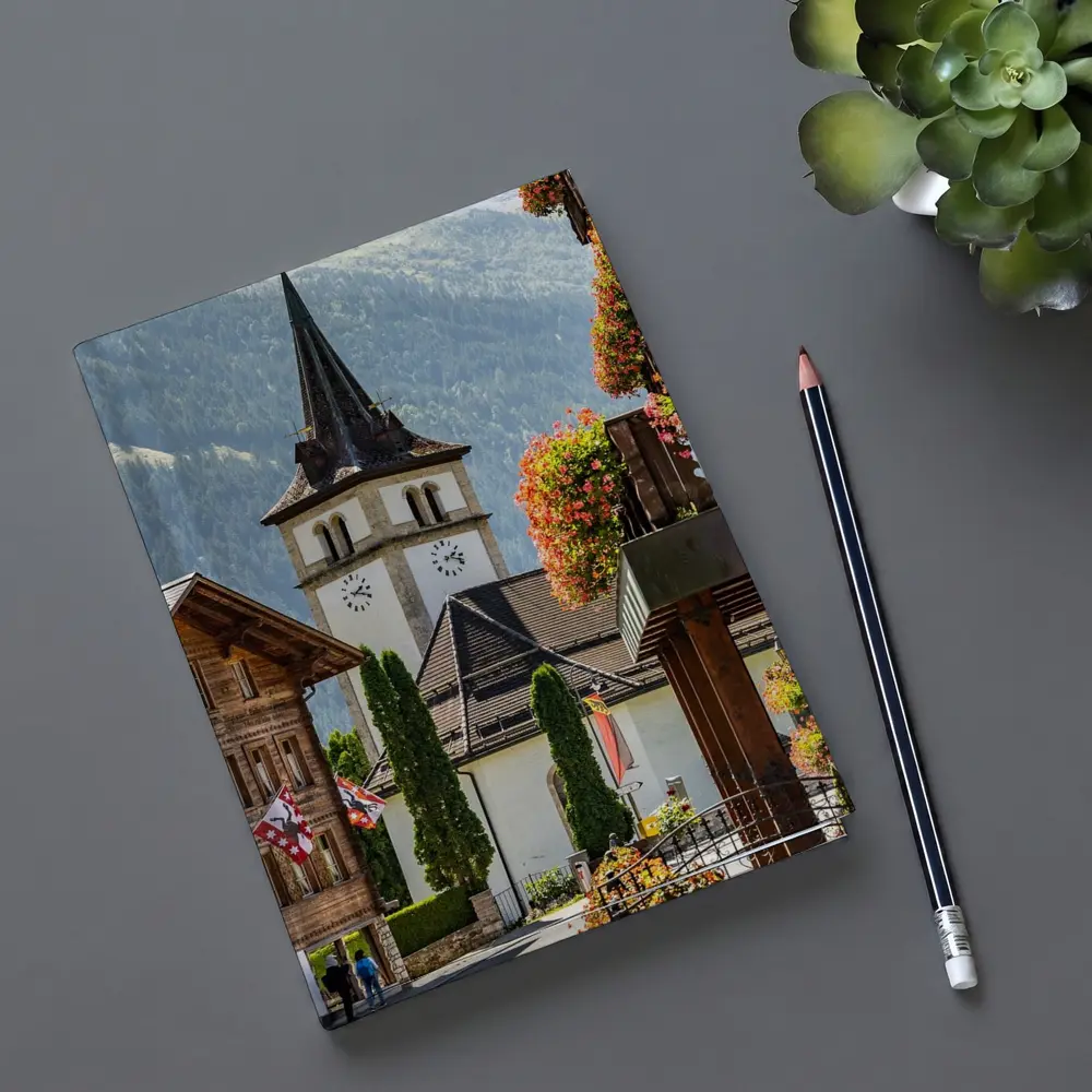Alpine Village Church Tower Switzerland Mountains – Notebooks