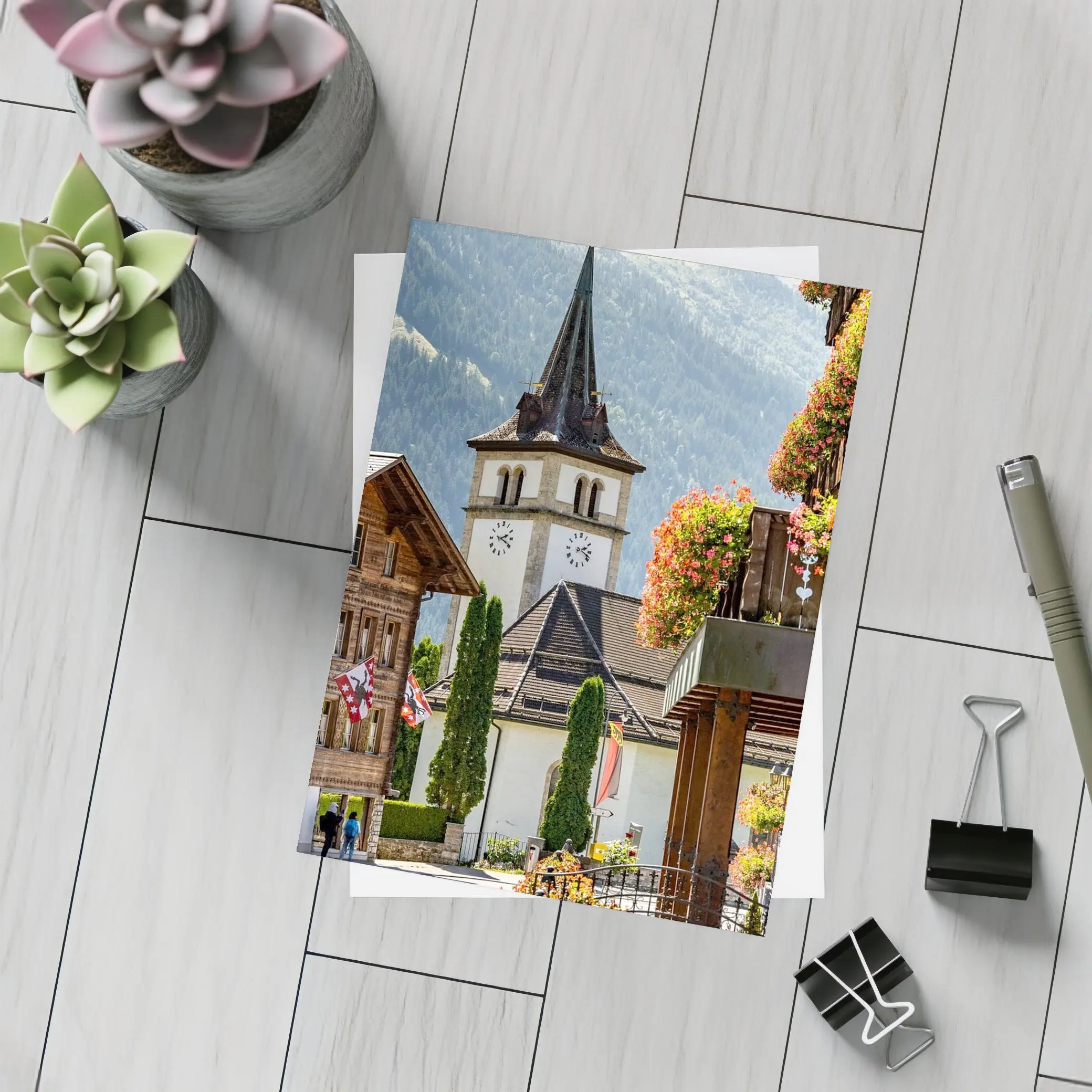 Alpine Village Church Tower Switzerland Mountains – Postcards