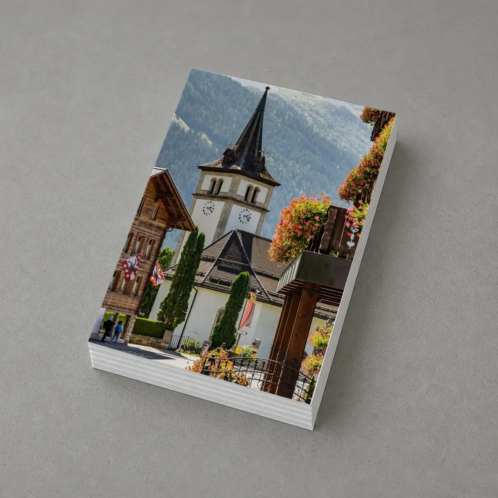 Alpine Village Church Tower Switzerland Mountains – Postcards