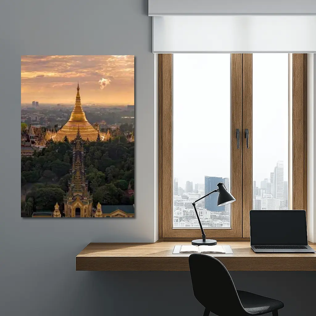 Shwedagon Pagoda Golden Sunset Aerial View – Wall Art