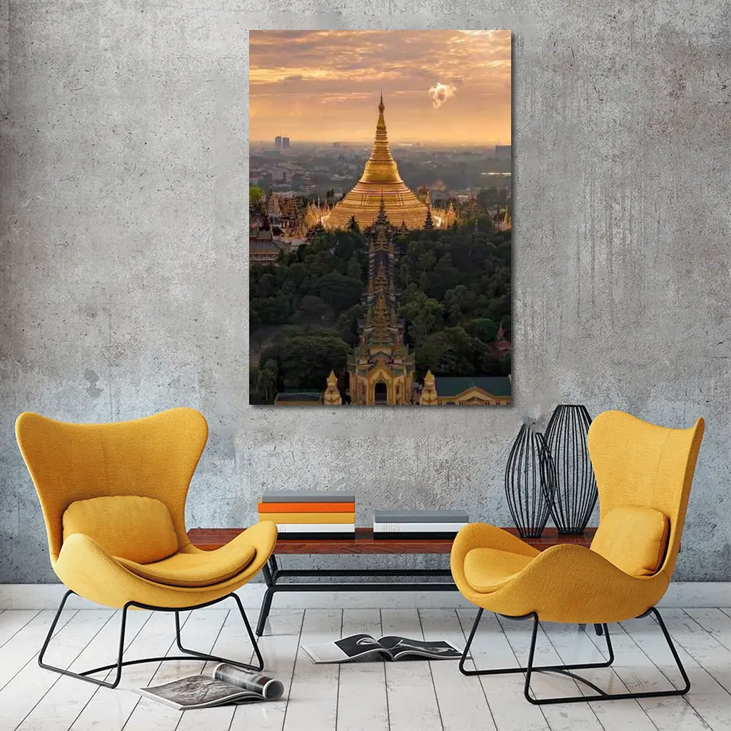 Shwedagon Pagoda Golden Sunset Aerial View – Wall Art
