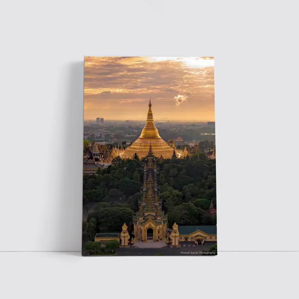 Shwedagon Pagoda Golden Sunset Aerial View – Wall Art