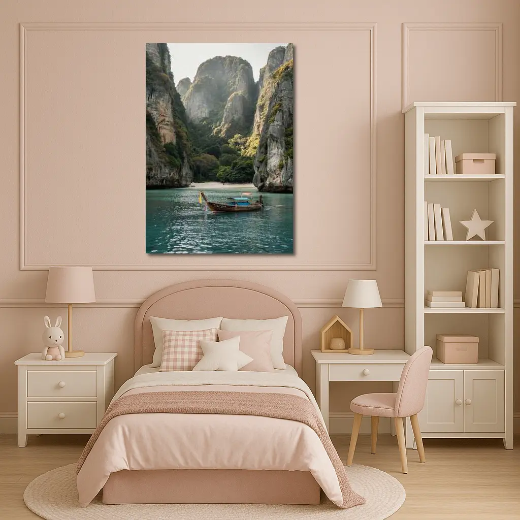 Longtail Boat Thailand Turquoise Bay Cliffs – Wall Art