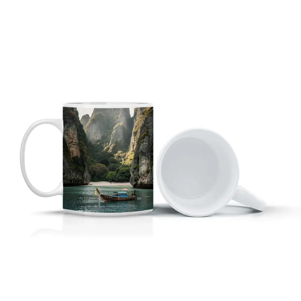 Longtail Boat Thailand Turquoise Bay Cliffs – Mugs