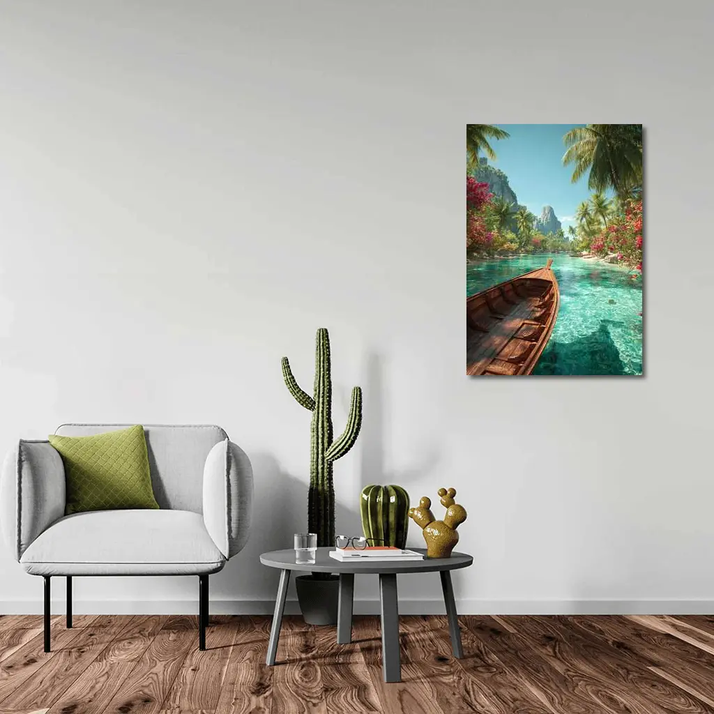Wooden Boat Tropical Lagoon Palm Trees – Wall Art