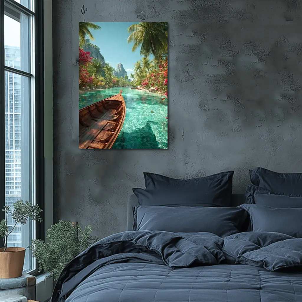 Wooden Boat Tropical Lagoon Palm Trees – Wall Art