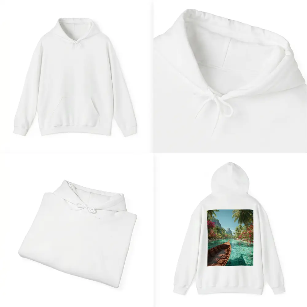Wooden Boat Tropical Lagoon Palm Trees – Hoodies