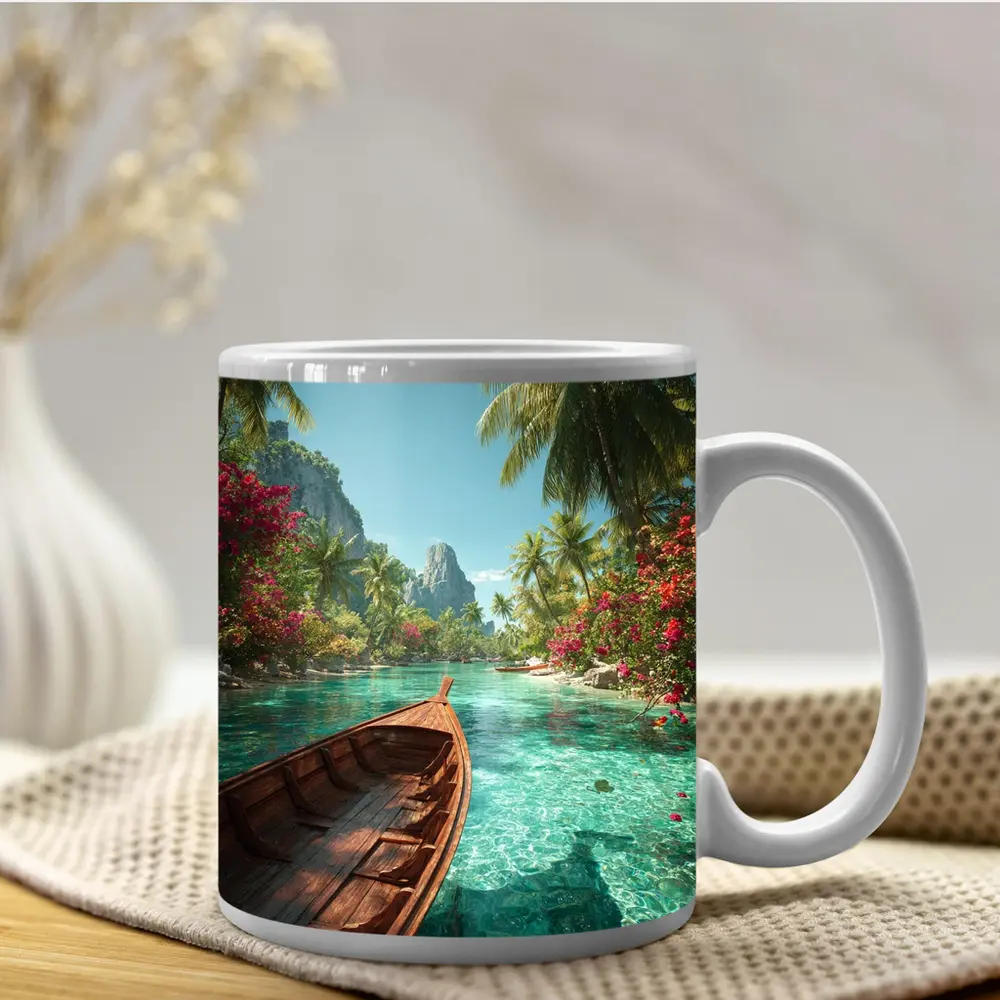 Wooden Boat Tropical Lagoon Palm Trees – Mugs