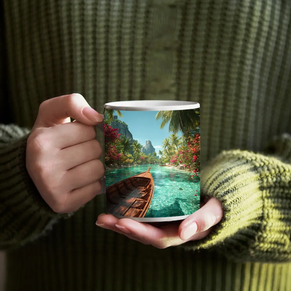 Wooden Boat Tropical Lagoon Palm Trees – Mugs