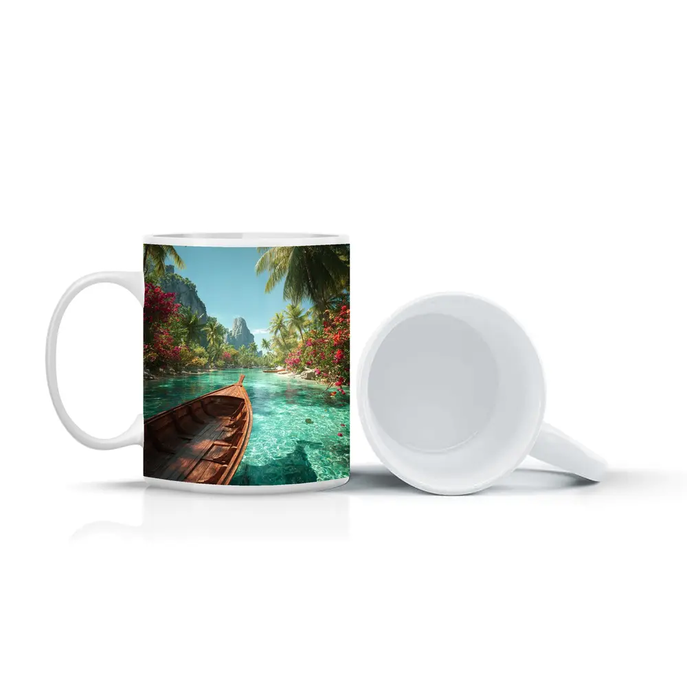 Wooden Boat Tropical Lagoon Palm Trees – Mugs