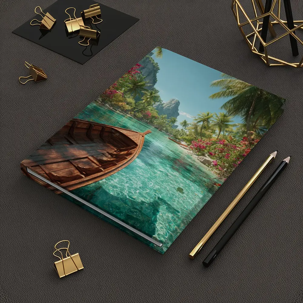 Wooden Boat Tropical Lagoon Palm Trees – Notebooks