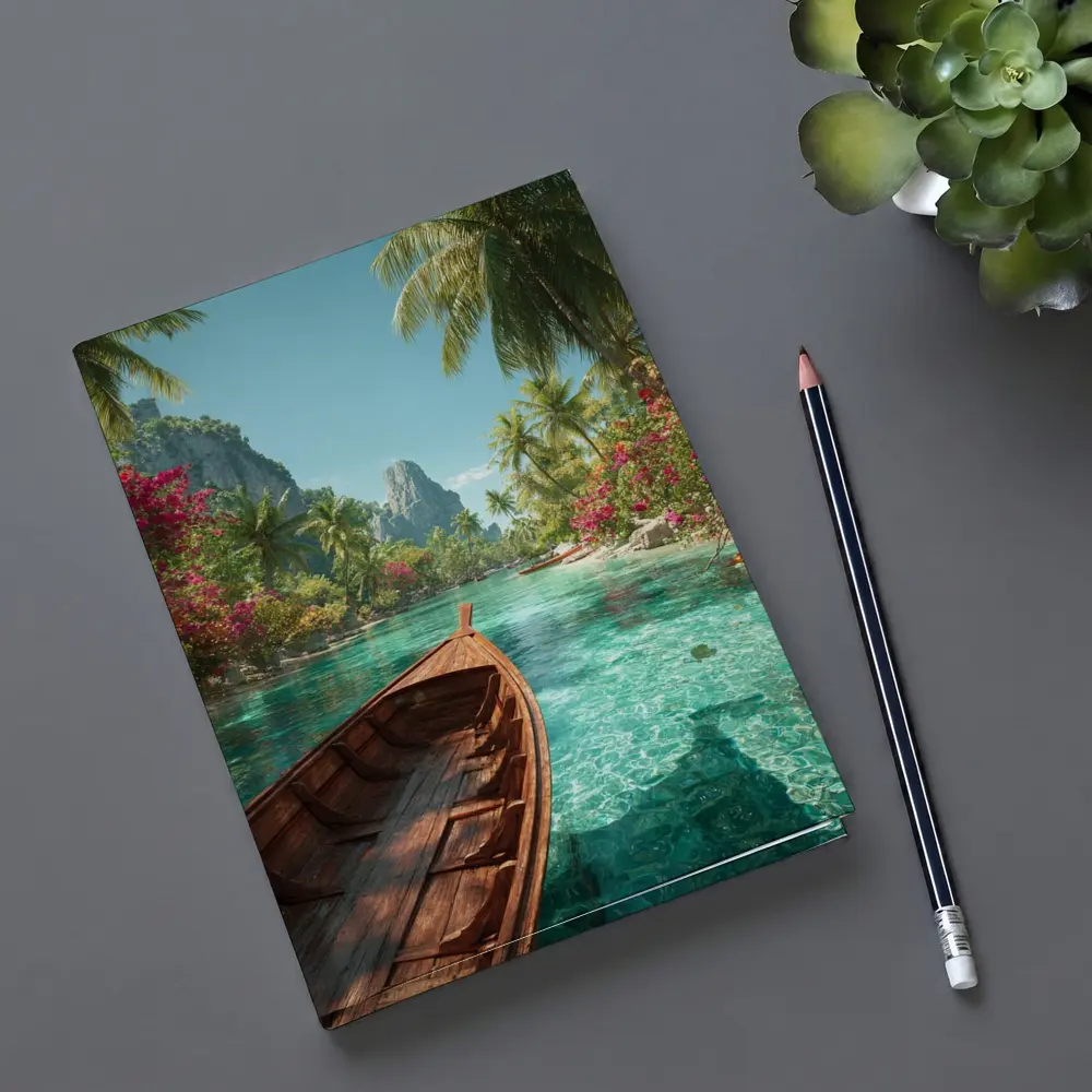 Wooden Boat Tropical Lagoon Palm Trees – Notebooks
