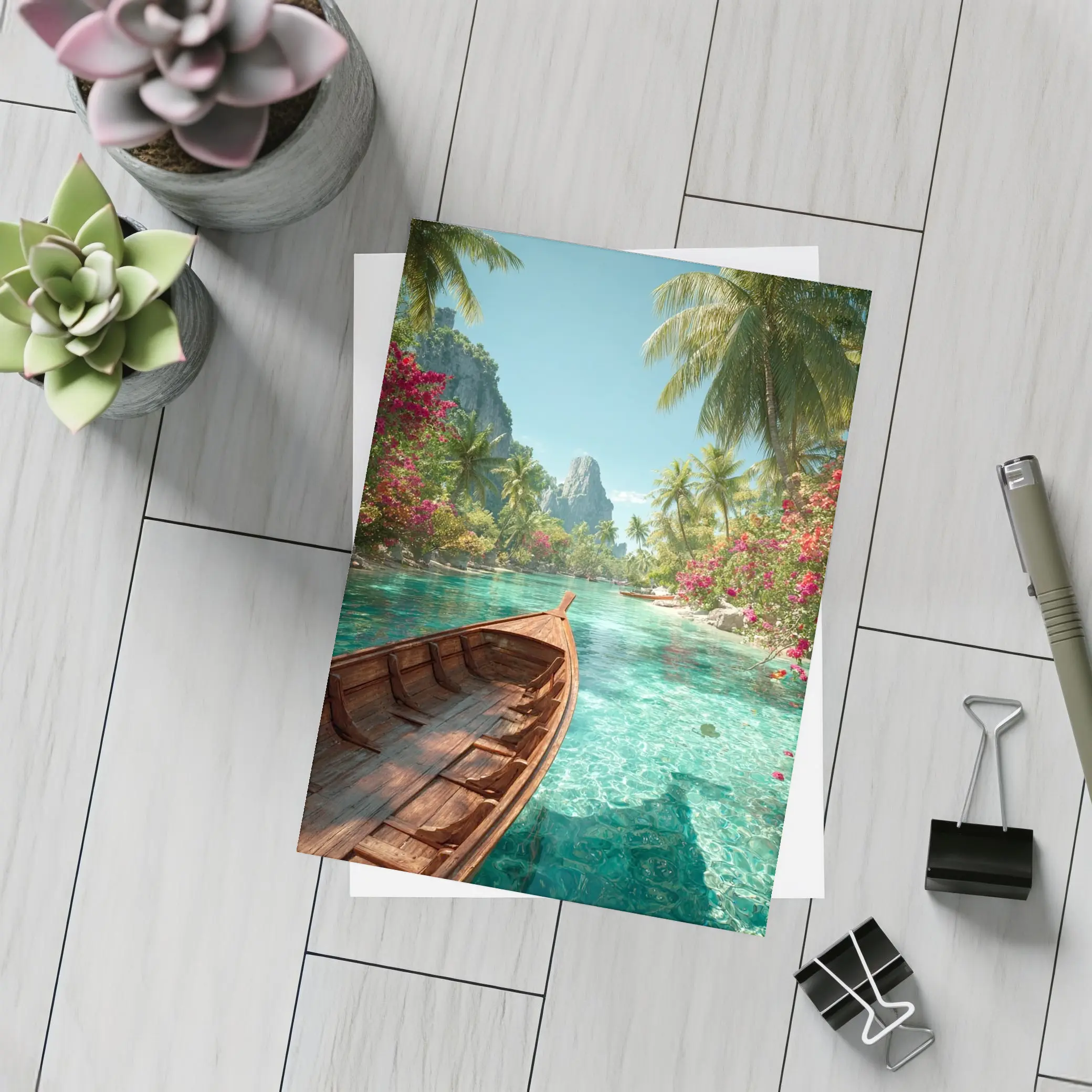 Wooden Boat Tropical Lagoon Palm Trees – Postcards
