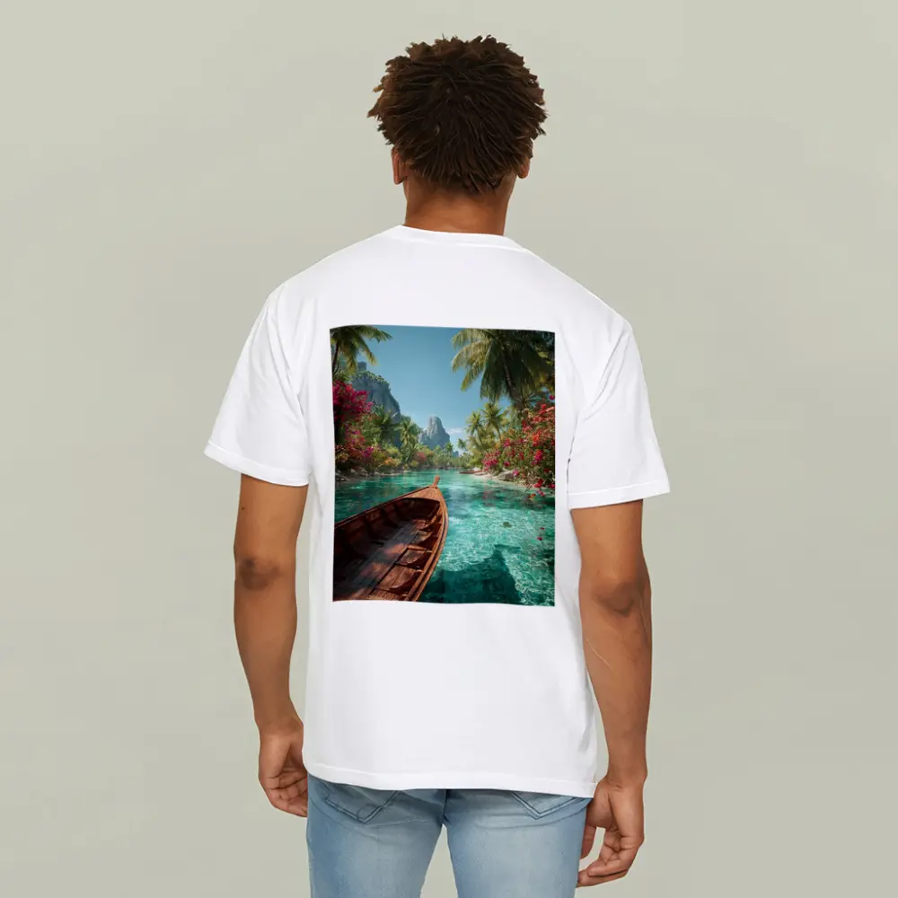 Wooden Boat Tropical Lagoon Palm Trees – T-Shirts