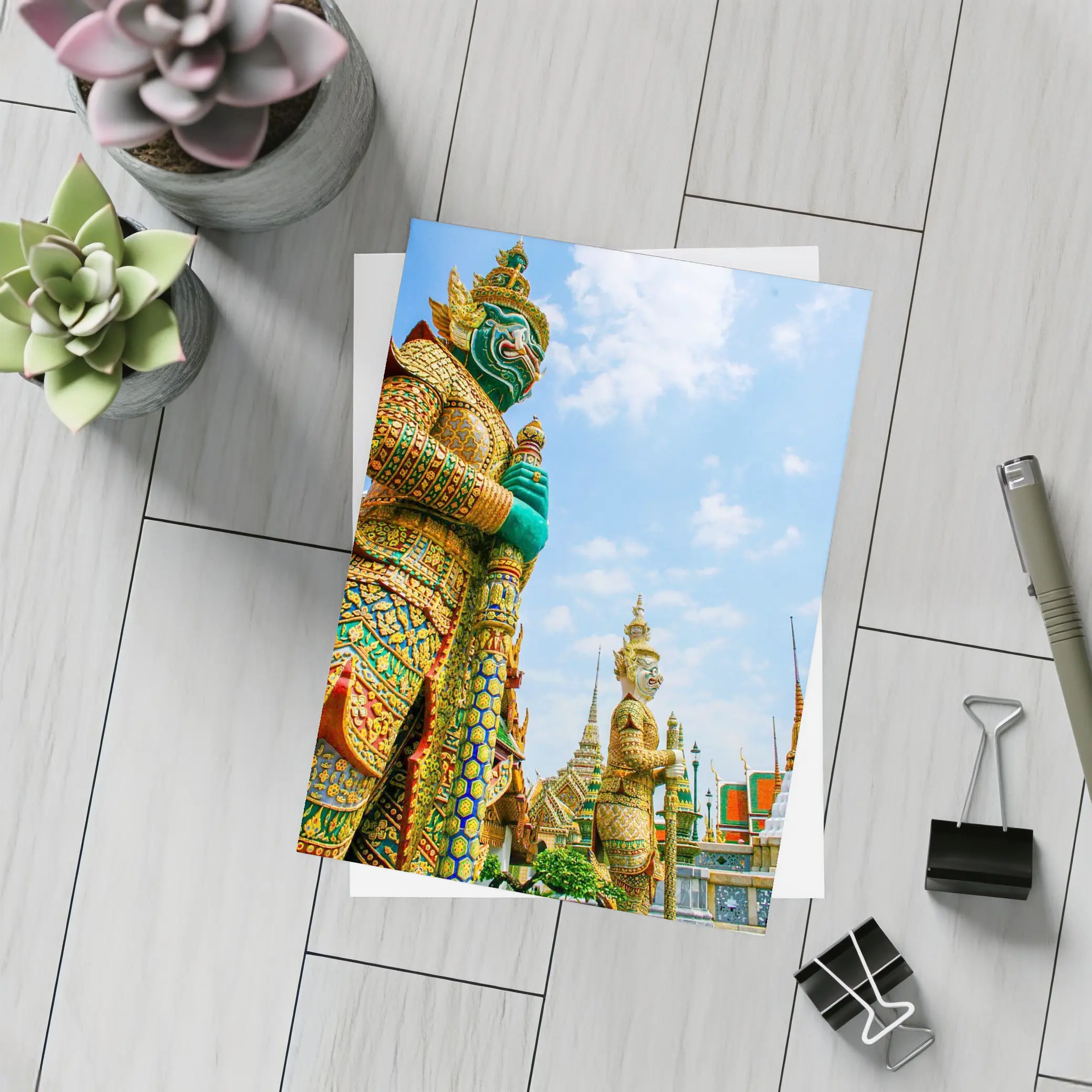 Thai Temple Guardian Statues Blue Sky – Postcards