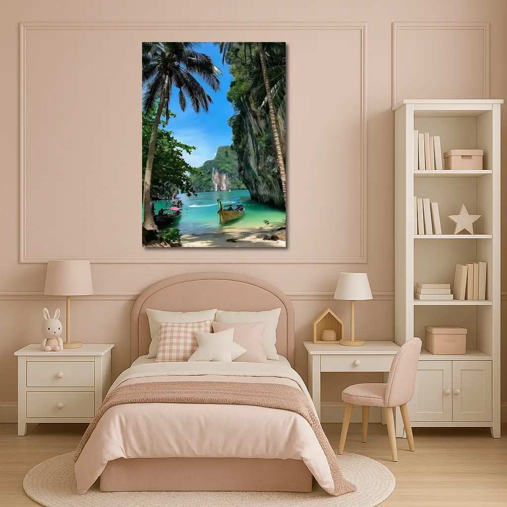 Thailand Longtail Boats Turquoise Bay Cliffs – Wall Art