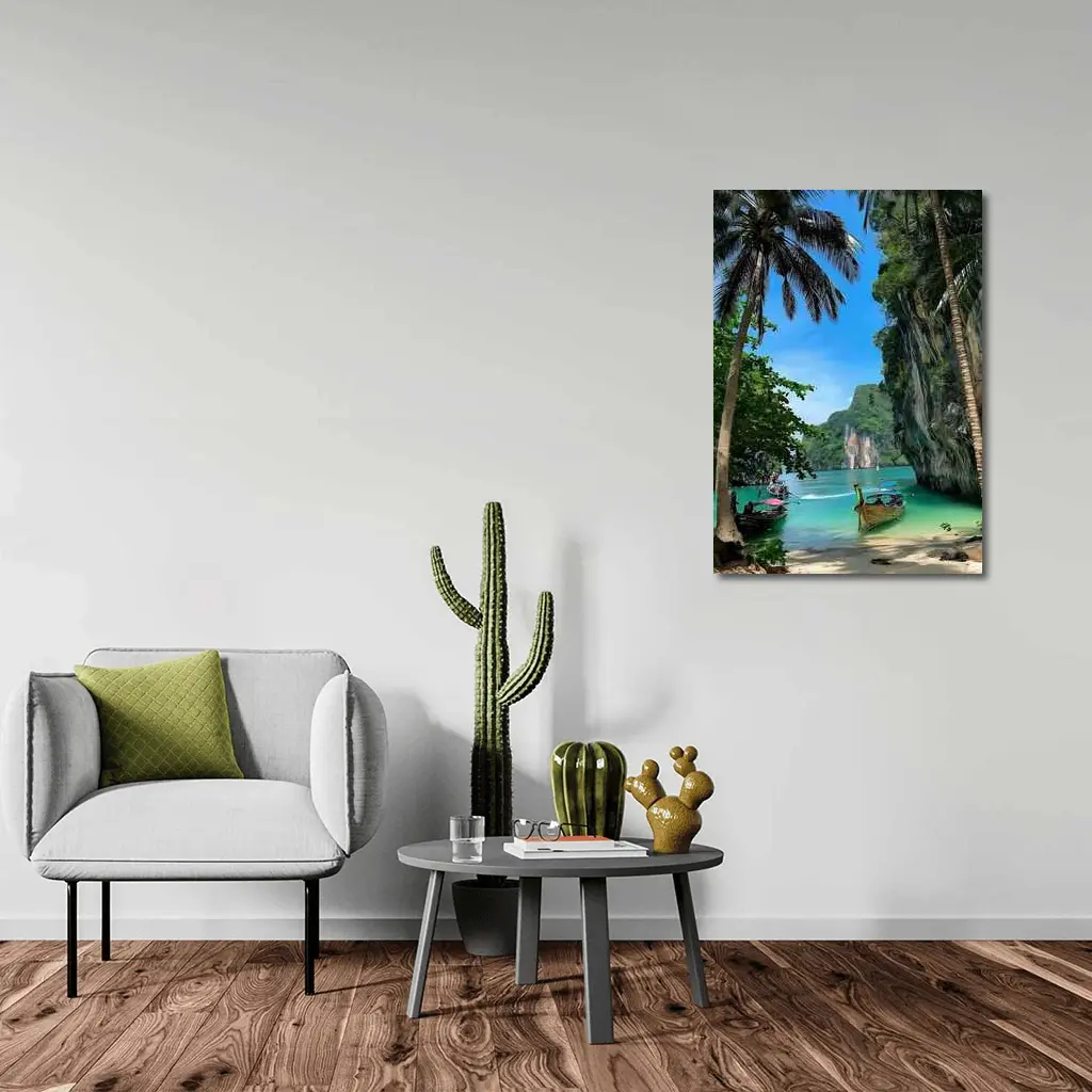 Thailand Longtail Boats Turquoise Bay Cliffs – Wall Art