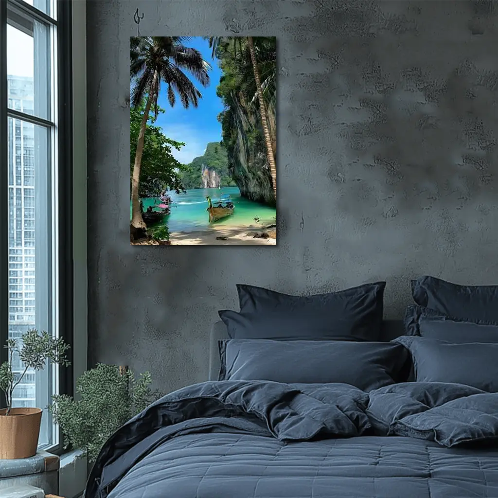 Thailand Longtail Boats Turquoise Bay Cliffs – Wall Art