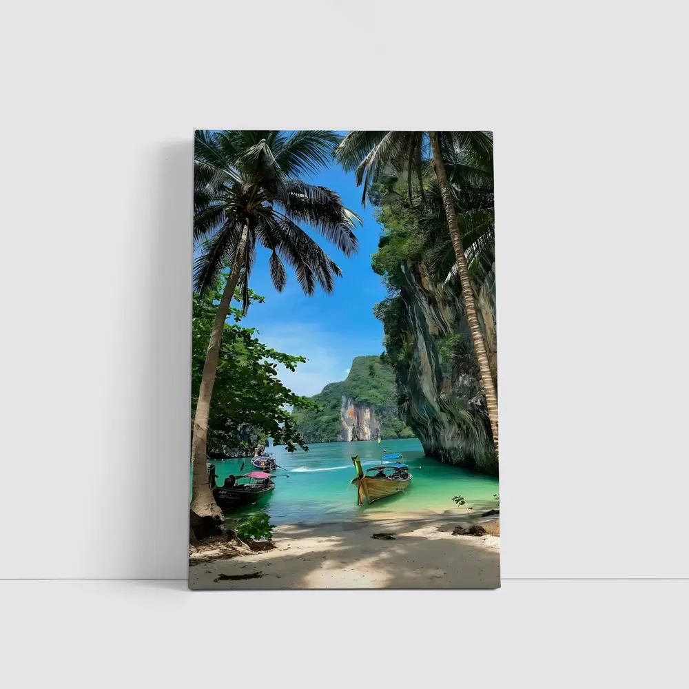 Thailand Longtail Boats Turquoise Bay Cliffs – Wall Art