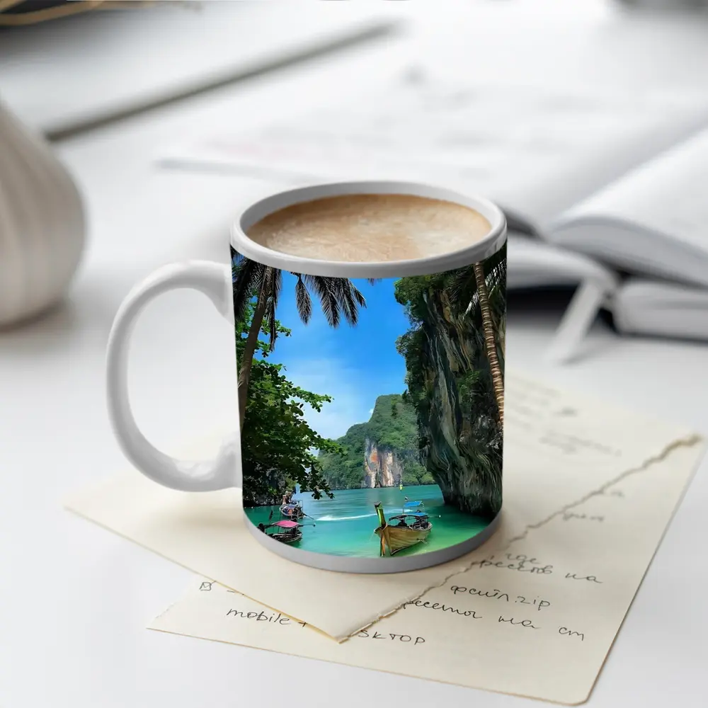 Thailand Longtail Boats Turquoise Bay Cliffs – Mugs