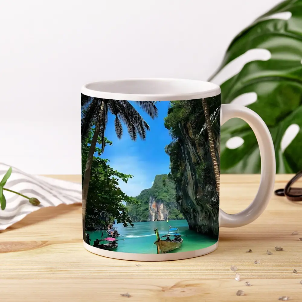 Thailand Longtail Boats Turquoise Bay Cliffs – Mugs