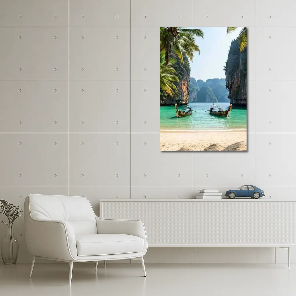 Thailand Longtail Boats Turquoise Bay Cliffs – Wall Art