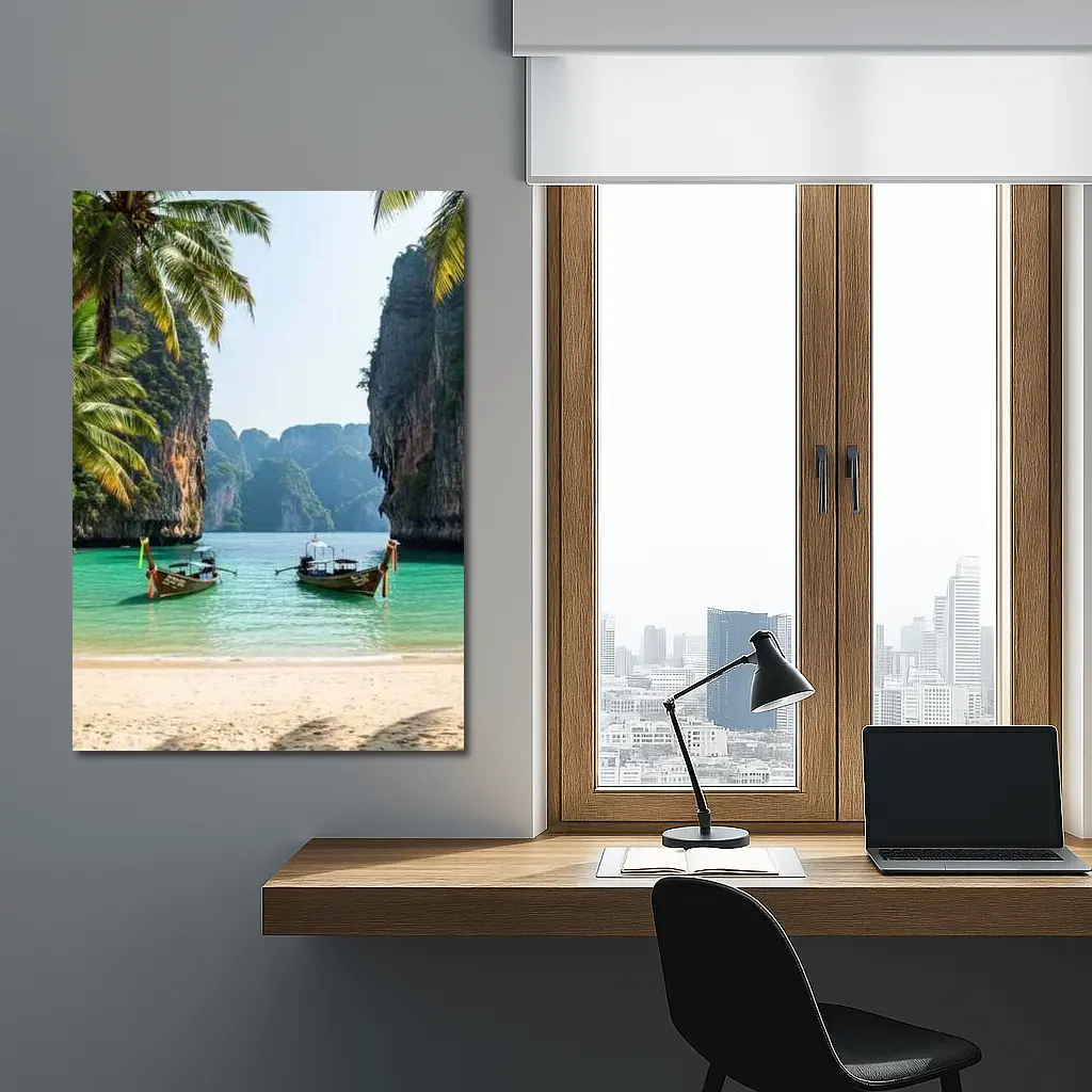 Thailand Longtail Boats Turquoise Bay Cliffs – Wall Art