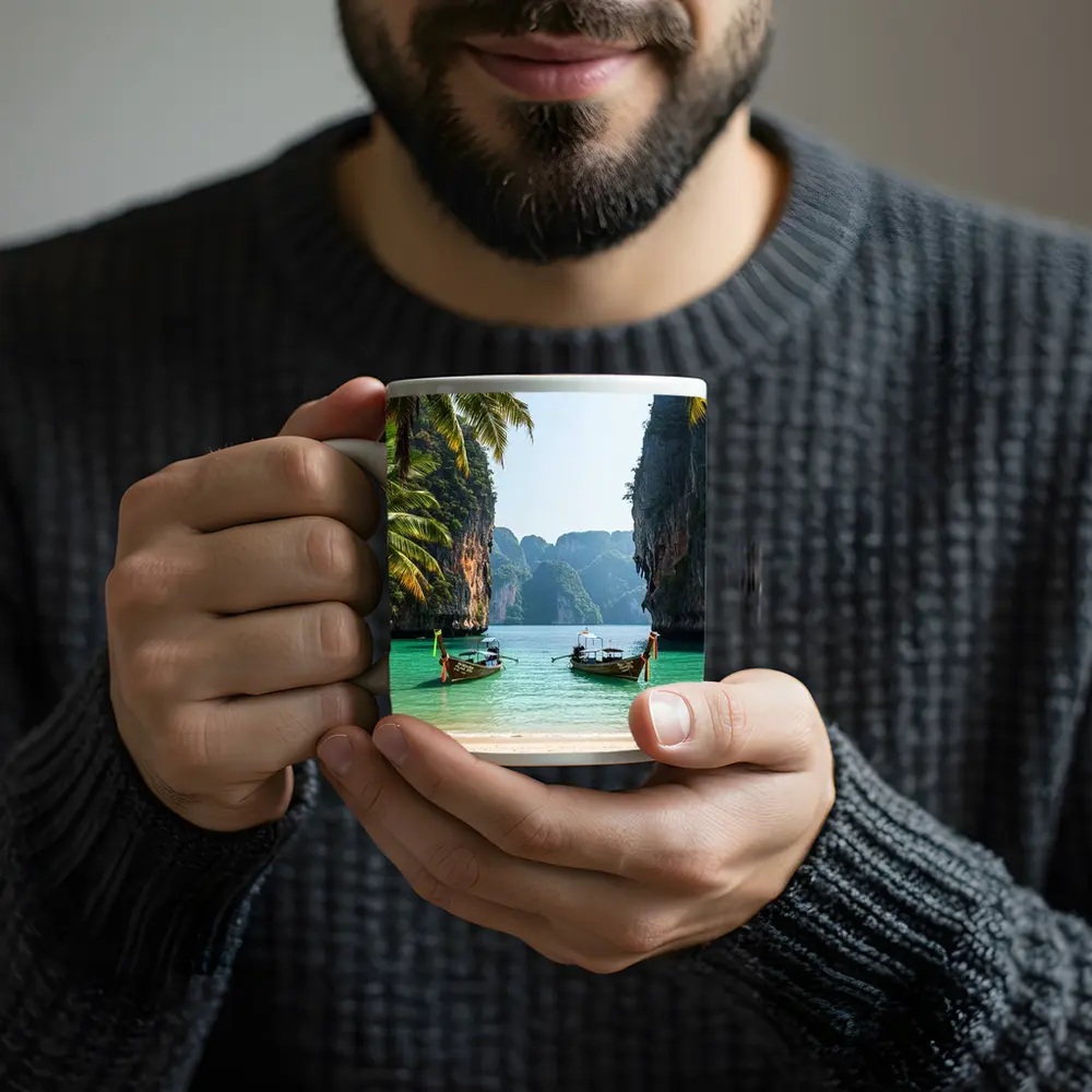 Thailand Longtail Boats Turquoise Bay Cliffs – Mugs