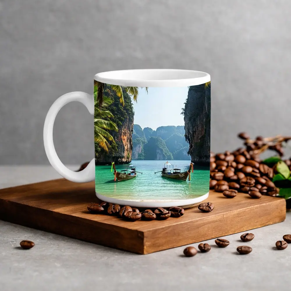 Thailand Longtail Boats Turquoise Bay Cliffs – Mugs