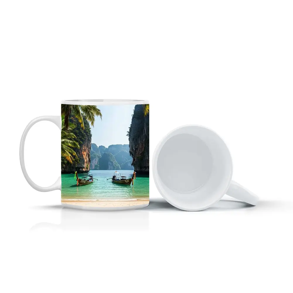 Thailand Longtail Boats Turquoise Bay Cliffs – Mugs