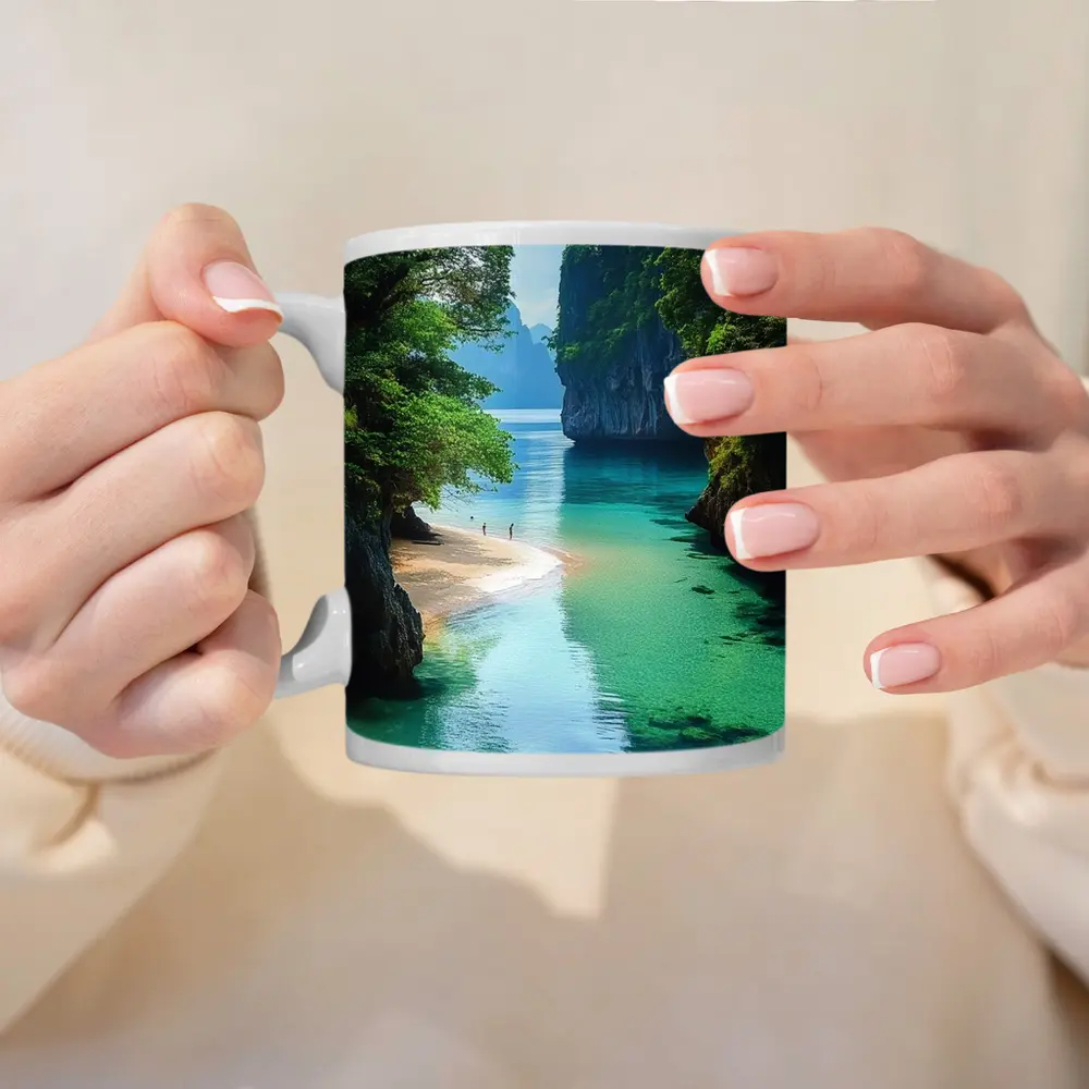 Tropical Beach Cove Turquoise Water Limestone Cliffs – Mugs