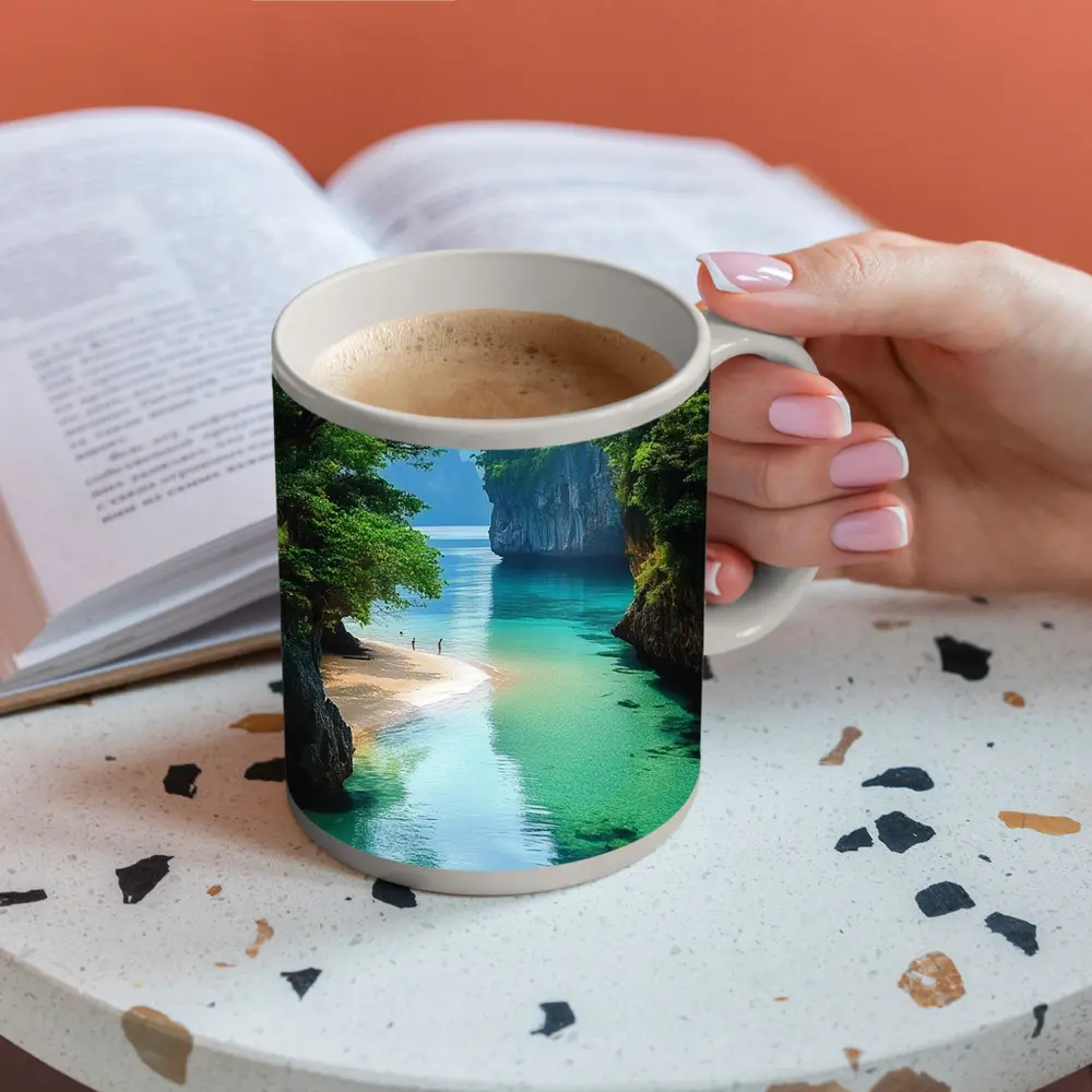 Tropical Beach Cove Turquoise Water Limestone Cliffs – Mugs