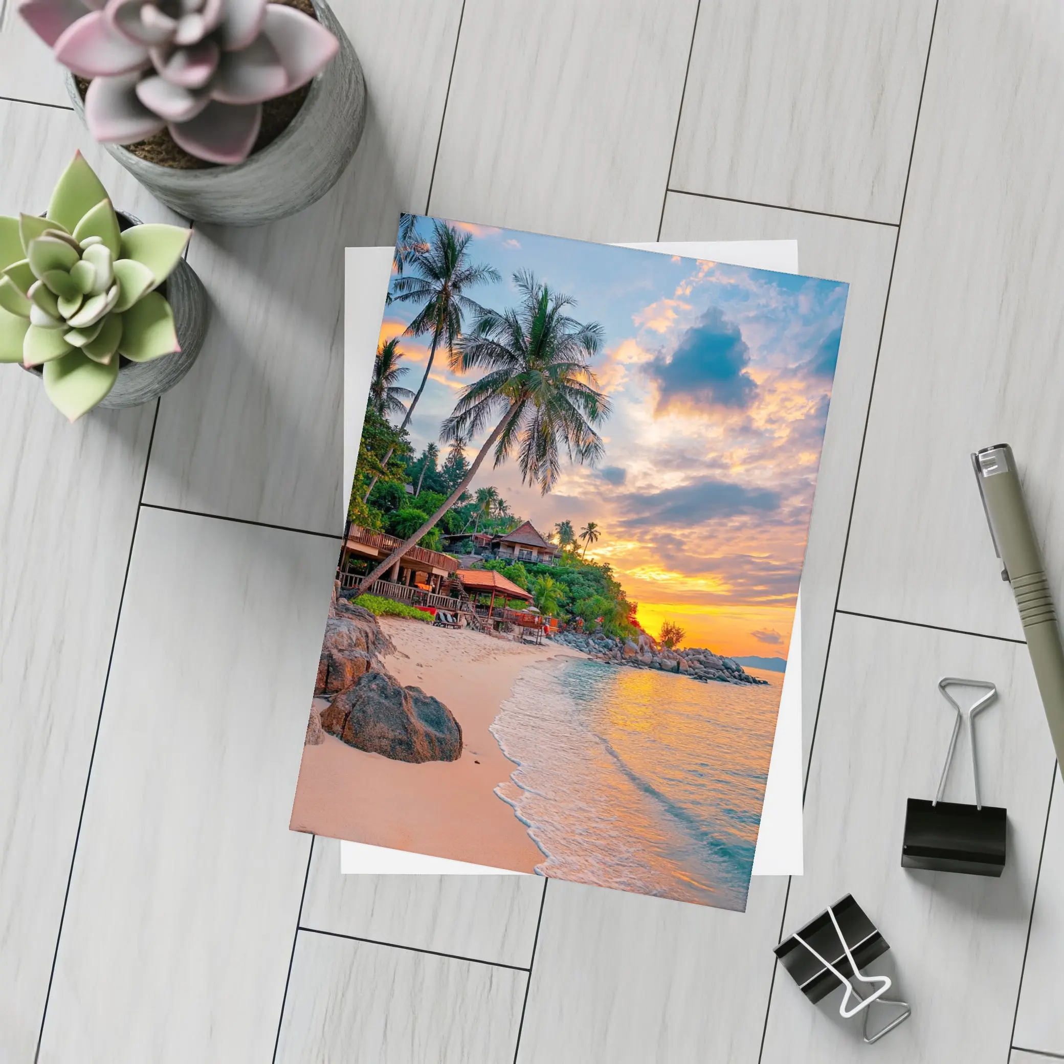 Tropical Beach Sunset Palm Trees Resort – Postcards