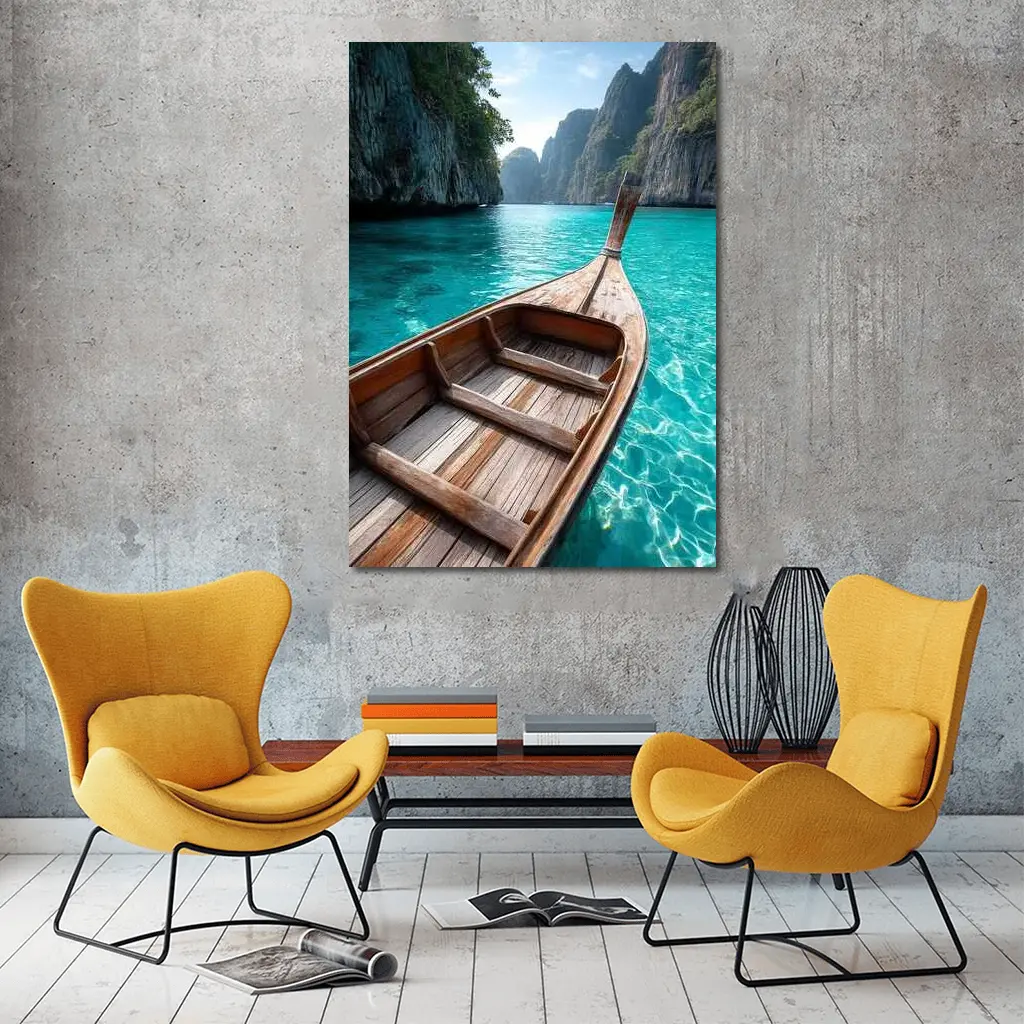 Wooden Longtail Boat Turquoise Thailand Lagoon – Wall Art